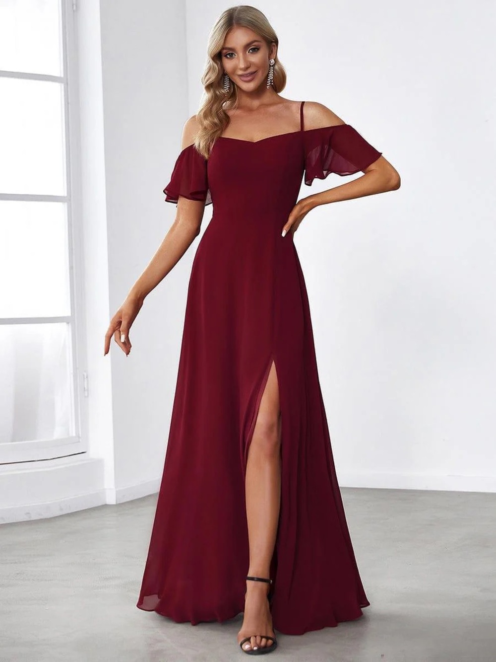 Ever Pretty NWT Sz 12 Burgandy Cold Shoulder Chiffon Formal Hoco Dress